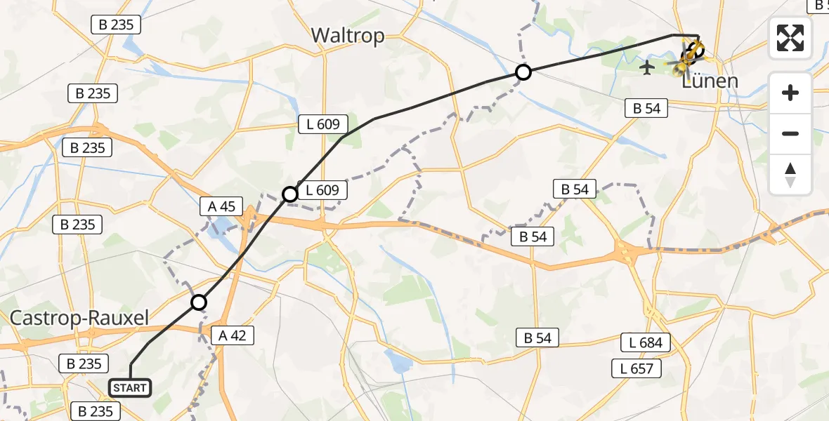 Flugroute Rettungshubschrauber Castrop-Rauxel - Sankt Marien Hospital, 09 Juli 2026, 05:49