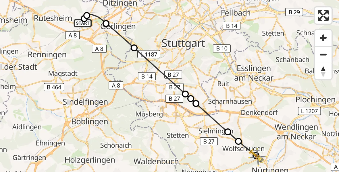 Flugroute Rettungshubschrauber Leonberg Hospital - Nürtingen, 09 Juli 2026, 06:02