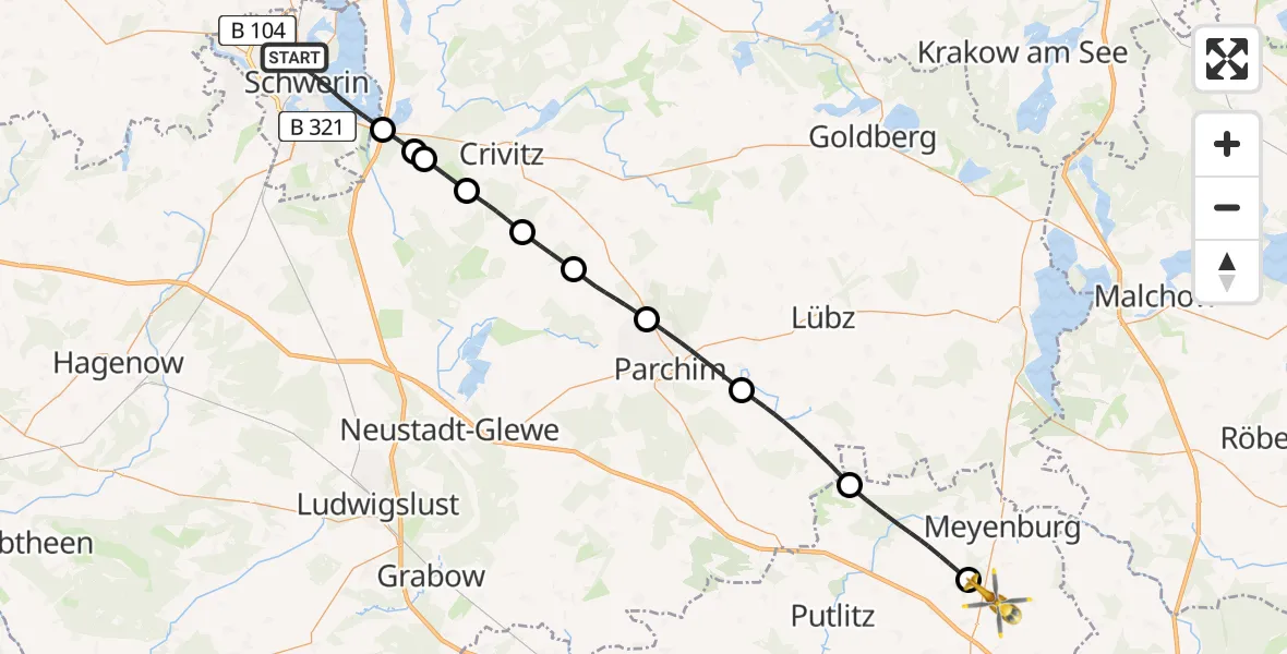 Flugroute Rettungshubschrauber Schwerin - Halenbeck-Rohlsdorf, 09 Juli 2026, 06:06