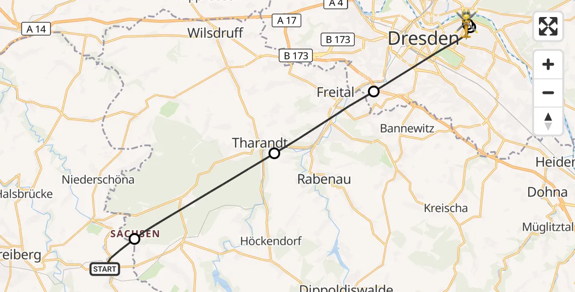 Flugroute Rettungshubschrauber Bobritzsch-Hilbersdorf - Dresden University Hospital, 09 Juli 2026, 06:06