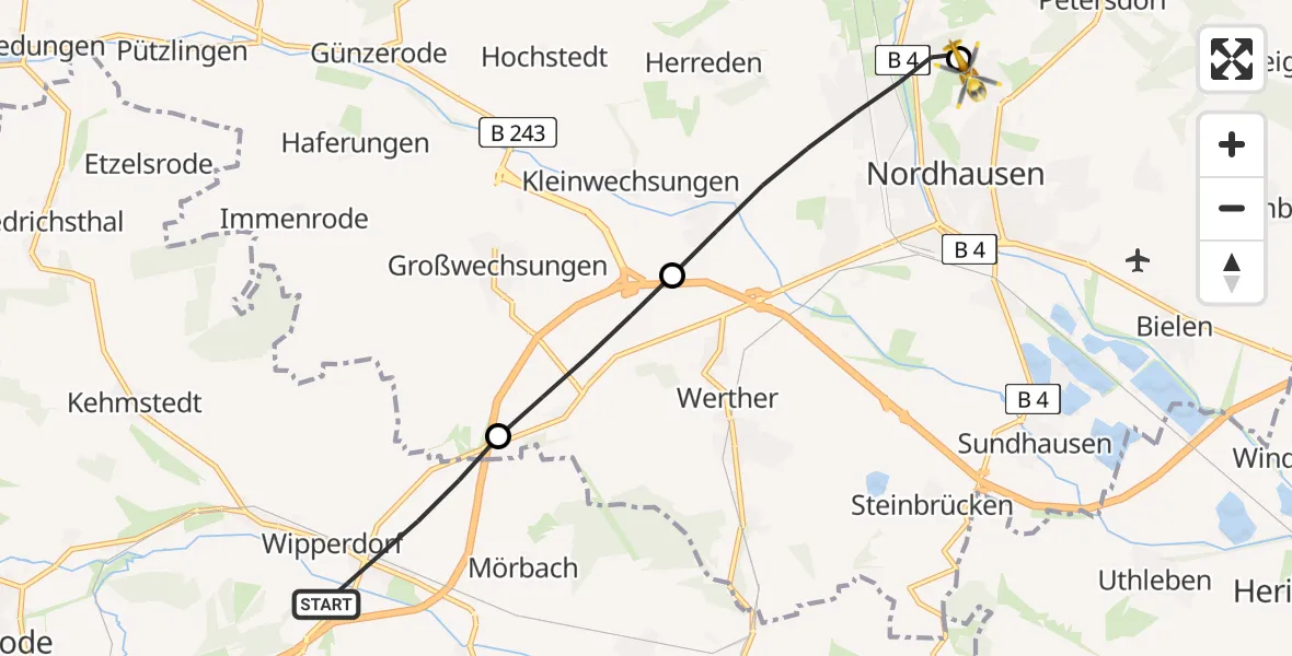 Flugroute Rettungshubschrauber Bleicherode - Südharz Hospital Nordhausen Hubschrauberlandeplatz, 09 Juli 2026, 06:12