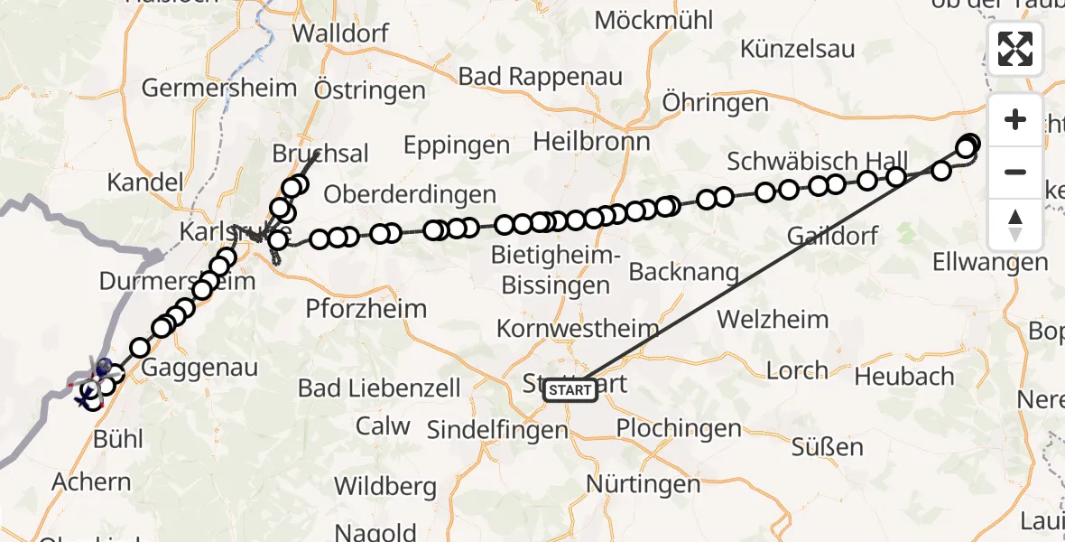 Flugroute Polizeihubschrauber Stuttgart - Karlsruhe Baden-Baden Flughafen, 09 Juli 2026, 06:24