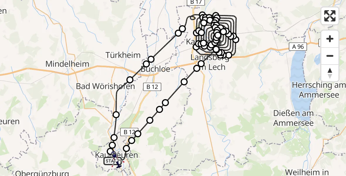Flugroute Polizeihubschrauber Kaufbeuren - Kaufbeuren, 09 Juli 2026, 06:38