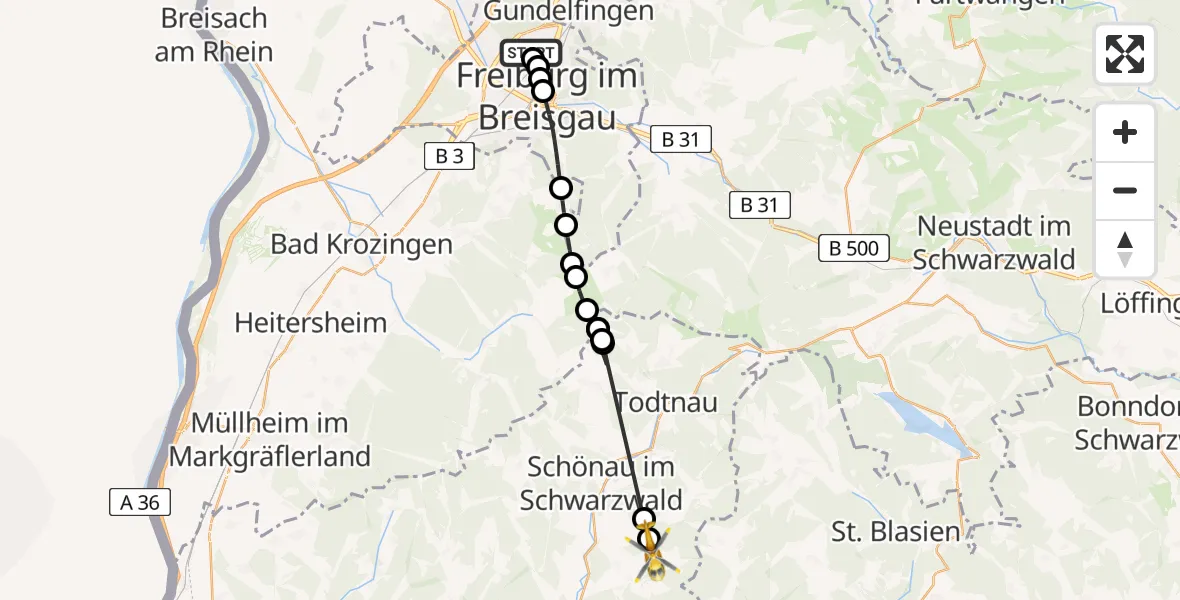 Flugroute Rettungshubschrauber Freiburg im Breisgau Flugplatz - Häg-Ehrsberg, 09 Juli 2026, 06:53