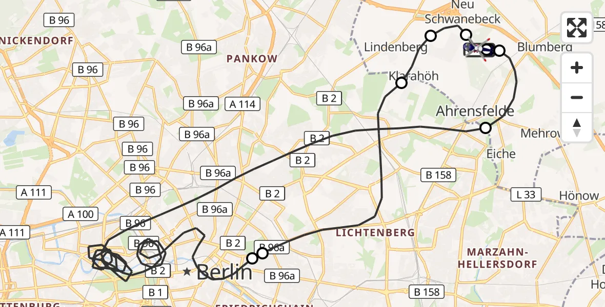 Flugroute Polizeihubschrauber Ahrensfelde Hubschrauberlandeplatz - Ahrensfelde Hubschrauberlandeplatz, 09 Juli 2026, 06:54