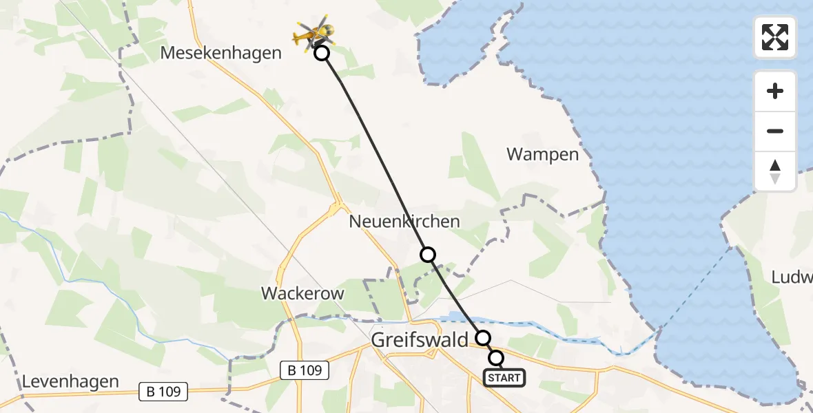 Flugroute Rettungshubschrauber Greifswald Hospital - Mesekenhagen, 09 Juli 2026, 06:56