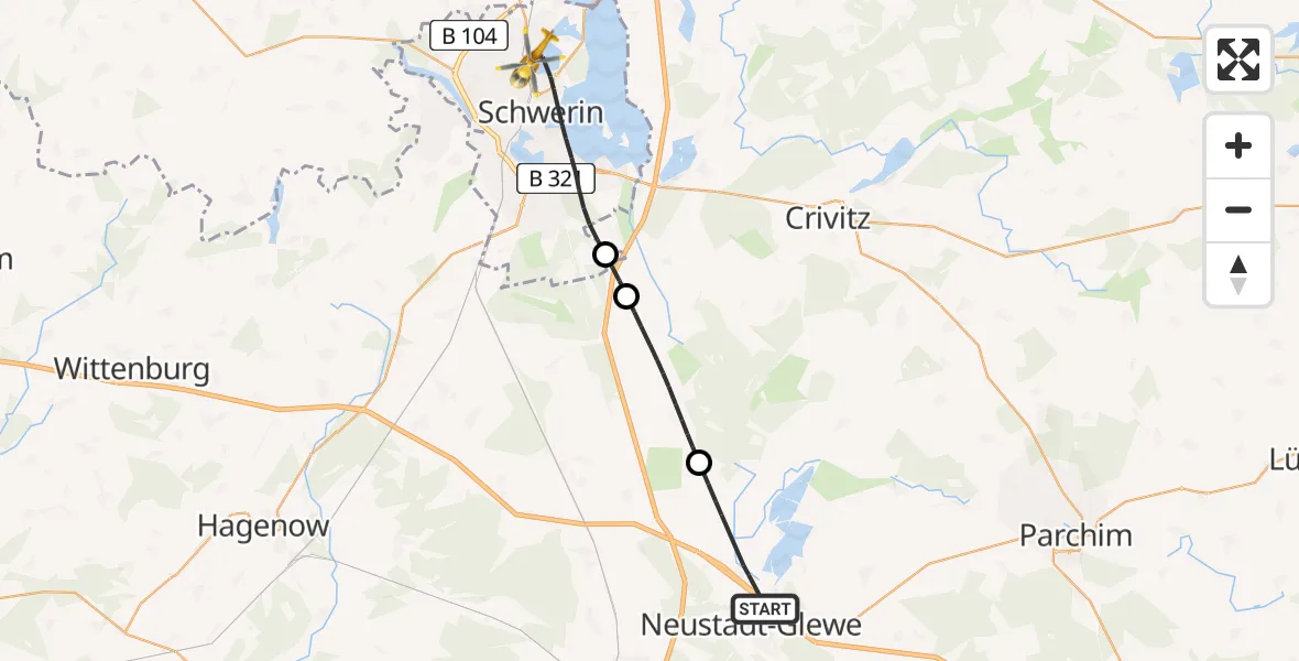 Flugroute Rettungshubschrauber Neustadt-Glewe - Schwerin, 09 Juli 2026, 07:06