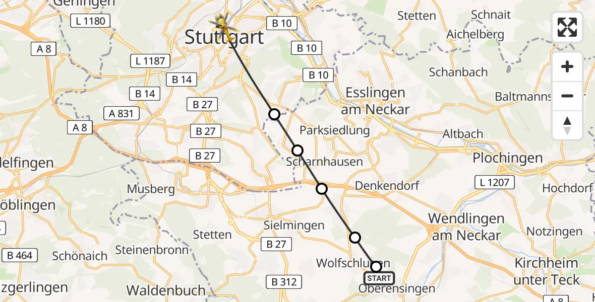 Flugroute Rettungshubschrauber Nürtingen - Stuttgart, 09 Juli 2026, 07:12