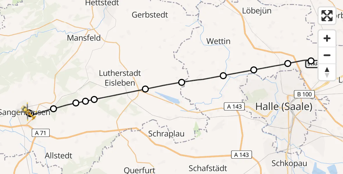 Flugroute Rettungshubschrauber Halle-Oppin Flugplatz - Helios Clinic Mansfeld-Südharz, 09 Juli 2026, 07:14