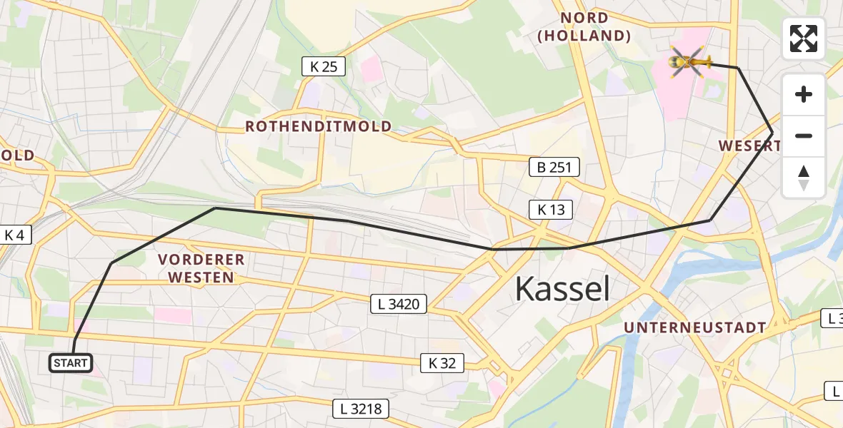 Flugroute Rettungshubschrauber Kassel - Kassel, 09 Juli 2026, 07:14