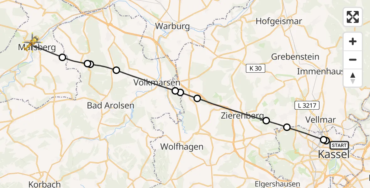 Flugroute Rettungshubschrauber Kassel - Marsberg, 09 Juli 2026, 07:22
