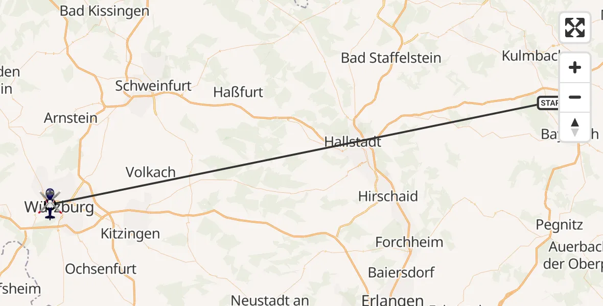 Flugroute Polizeihubschrauber Neudrossenfeld - Würzburg, 09 Juli 2026, 07:29