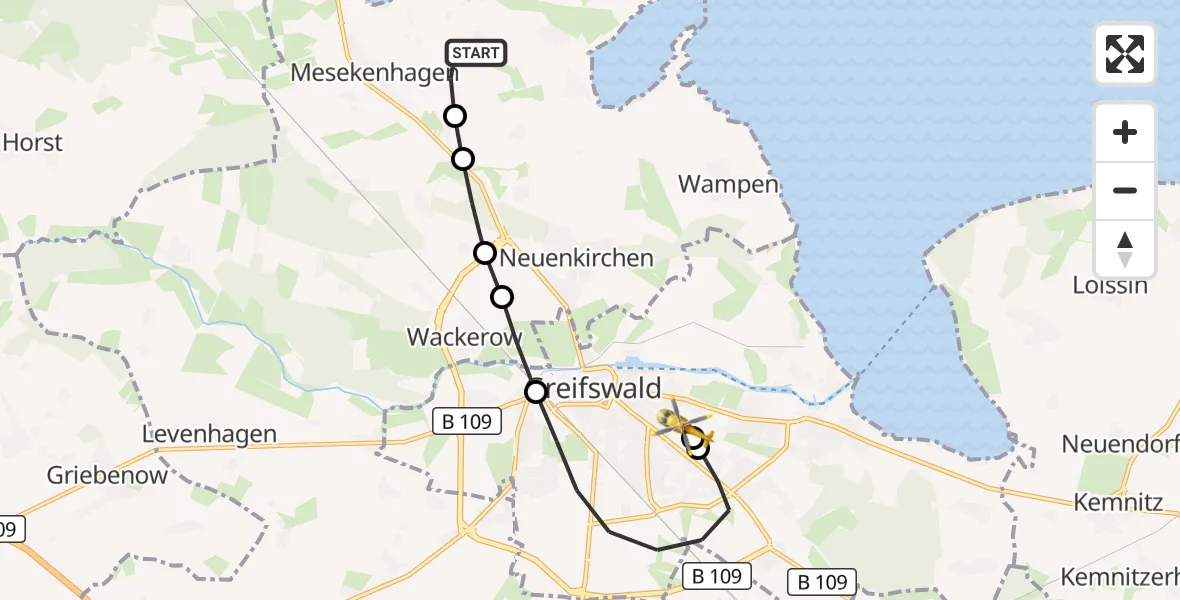 Flugroute Rettungshubschrauber Mesekenhagen - Greifswald Hospital, 09 Juli 2026, 07:33