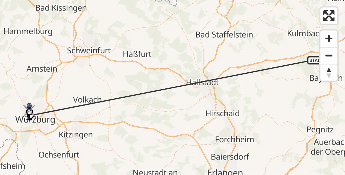 Flugroute Polizeihubschrauber Neudrossenfeld - Würzburg-Schenkenturm Flugplatz, 09 Juli 2026, 07:34