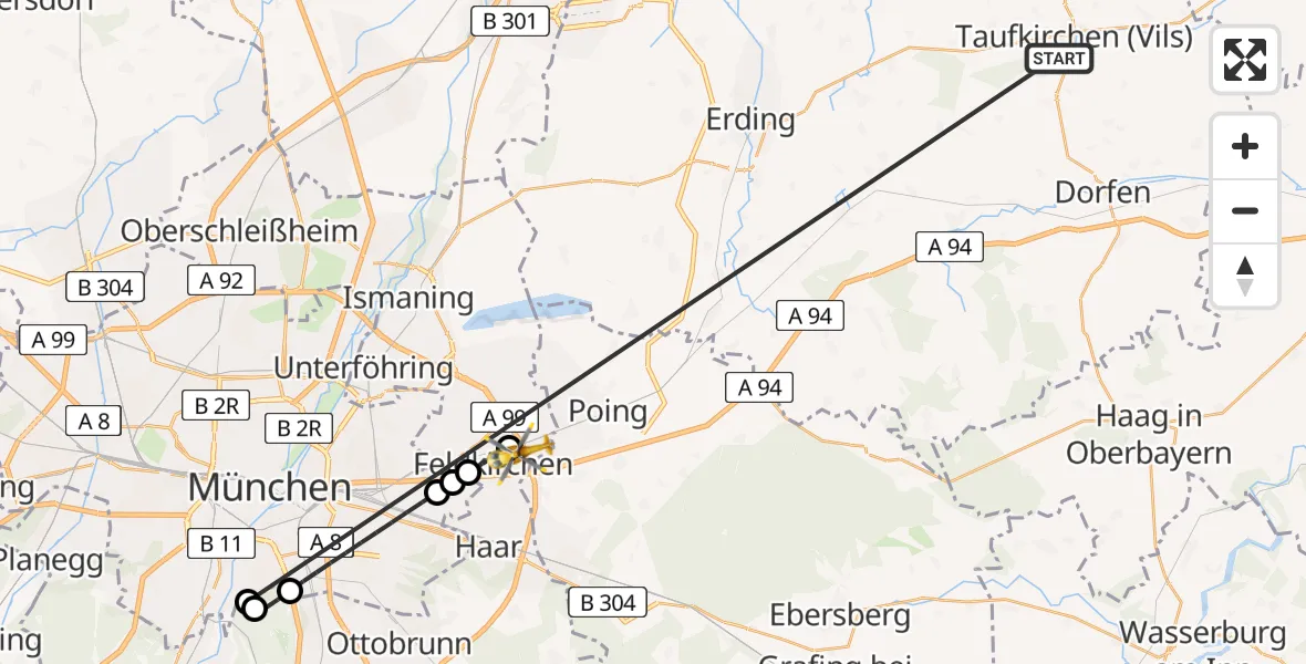 Flugroute Rettungshubschrauber Taufkirchen (Vils) - Kirchheim b.München, 09 Juli 2026, 07:34