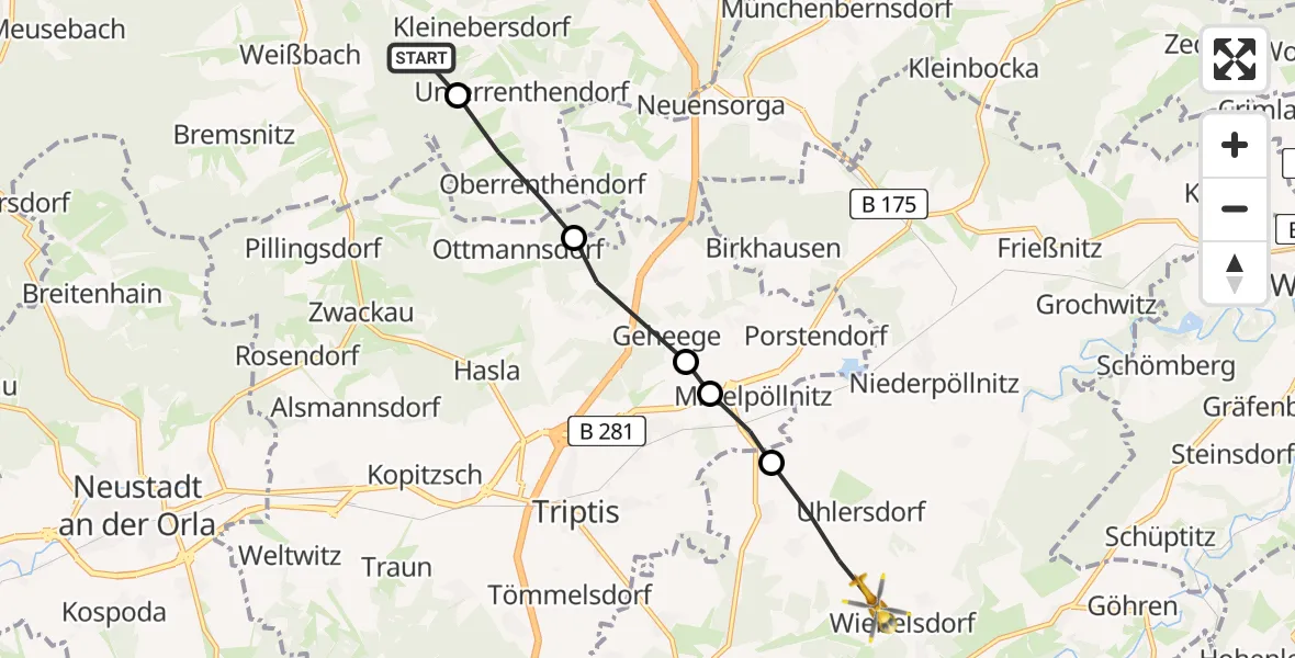 Flugroute Rettungshubschrauber Kleinebersdorf - Auma-Weidatal, 09 Juli 2026, 07:43