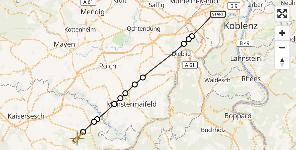 Flugroute Rettungshubschrauber Koblenz - Binningen, 09 Juli 2026, 07:44