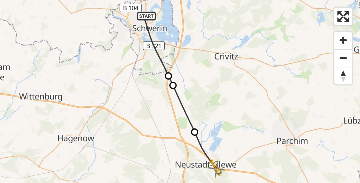 Flugroute Rettungshubschrauber Schwerin - Neustadt-Glewe, 09 Juli 2026, 07:45