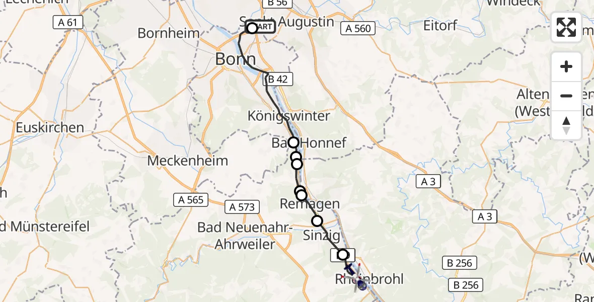 Flugroute Polizeihubschrauber Sankt Augustin - Bad Breisig, 09 Juli 2026, 07:46