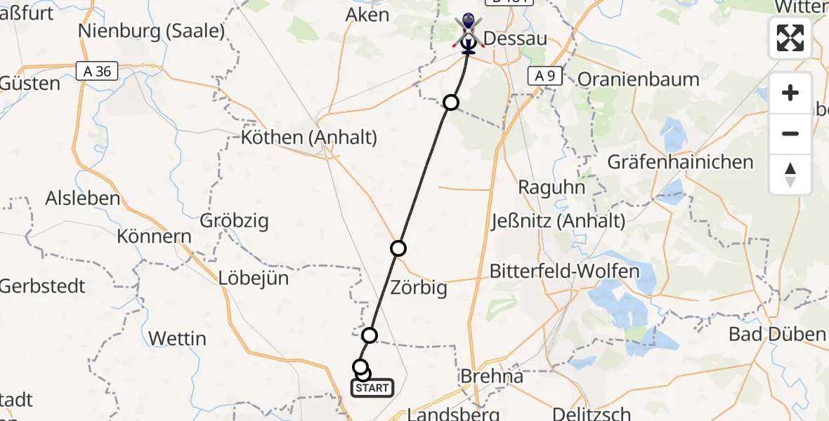 Flugroute Polizeihubschrauber Halle-Oppin Flugplatz - Dessau Flugplatz, 09 Juli 2026, 07:47