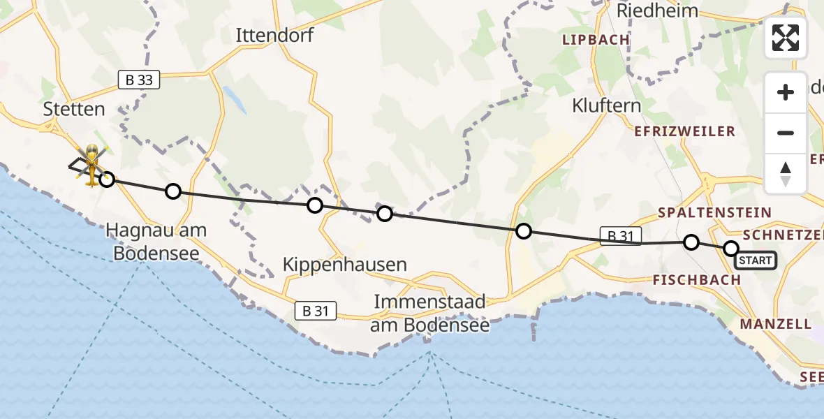 Flugroute Rettungshubschrauber Friedrichshafen Hospital - Stetten, 09 Juli 2026, 07:49