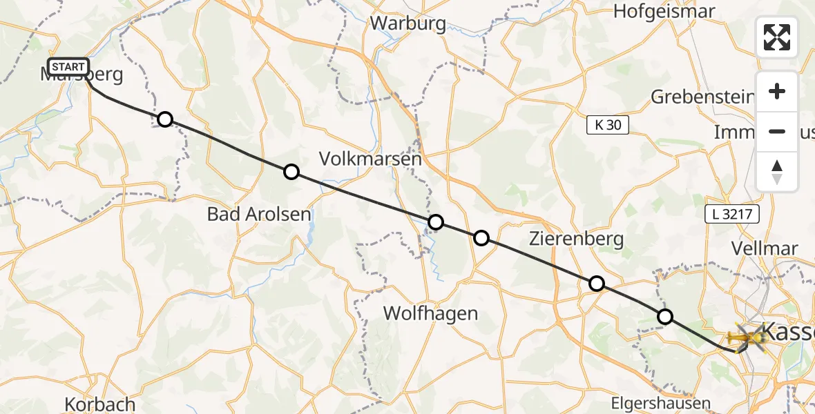 Flugroute Rettungshubschrauber Marsberg - Kassel, 09 Juli 2026, 07:54