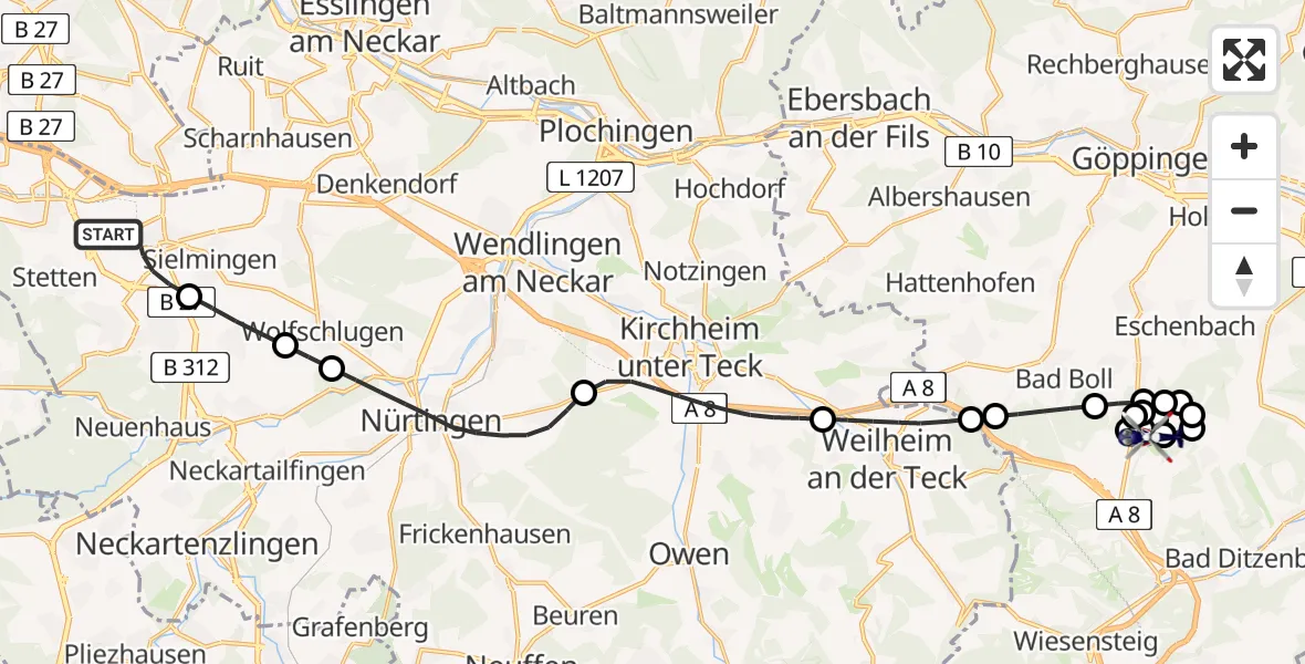 Flugroute Polizeihubschrauber Flughafen Stuttgart - Gruibingen-Nortel Flugplatz, 09 Juli 2026, 07:56