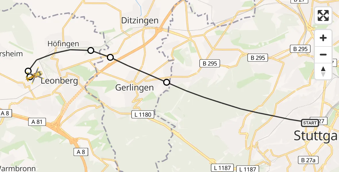 Flugroute Rettungshubschrauber Stuttgart - Leonberg Hospital, 09 Juli 2026, 07:58