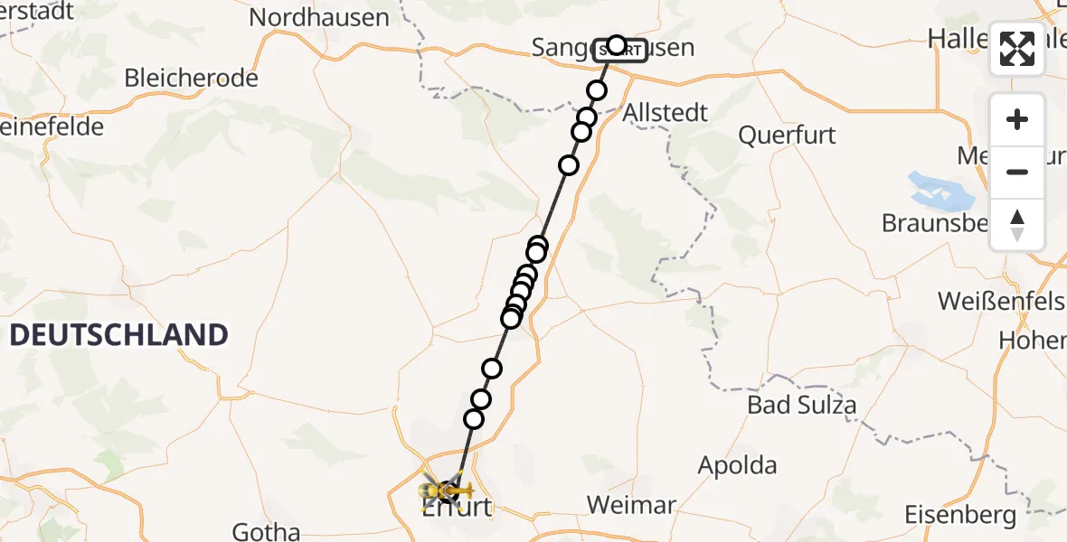 Flugroute Rettungshubschrauber Helios Clinic Mansfeld-Südharz - Helios Clinic Erfurt, 09 Juli 2026, 07:59