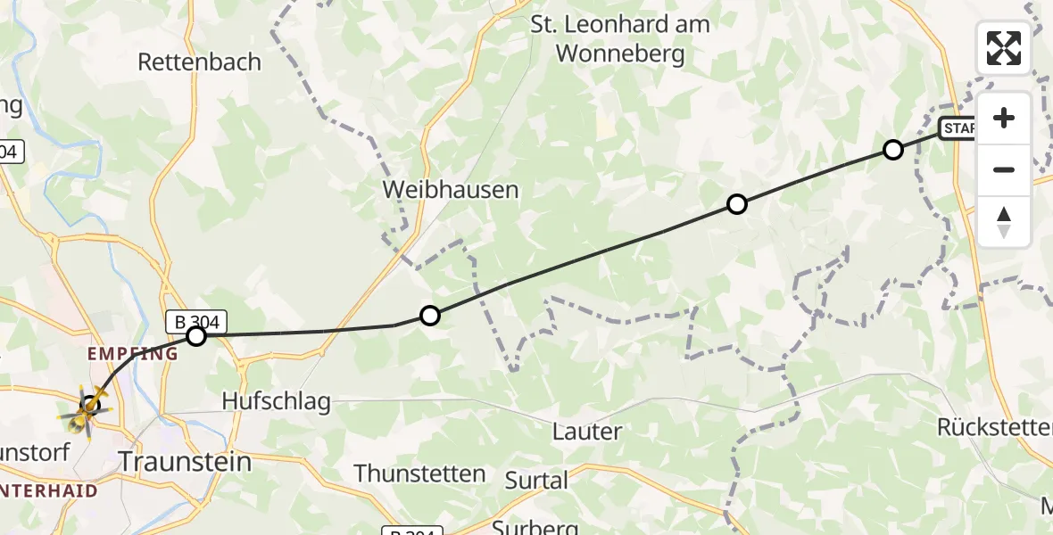 Flugroute Rettungshubschrauber Petting - Traunstein Hospital, 09 Juli 2026, 07:59
