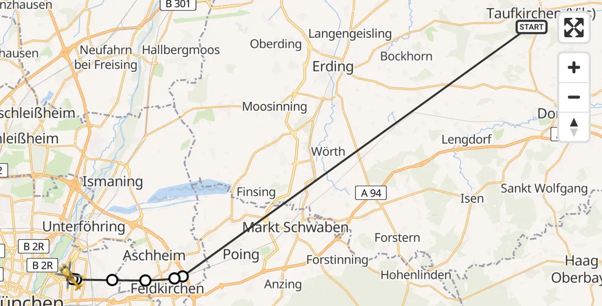 Flugroute Rettungshubschrauber Taufkirchen (Vils) - München Bogenhausen Hospital, 09 Juli 2026, 08:05