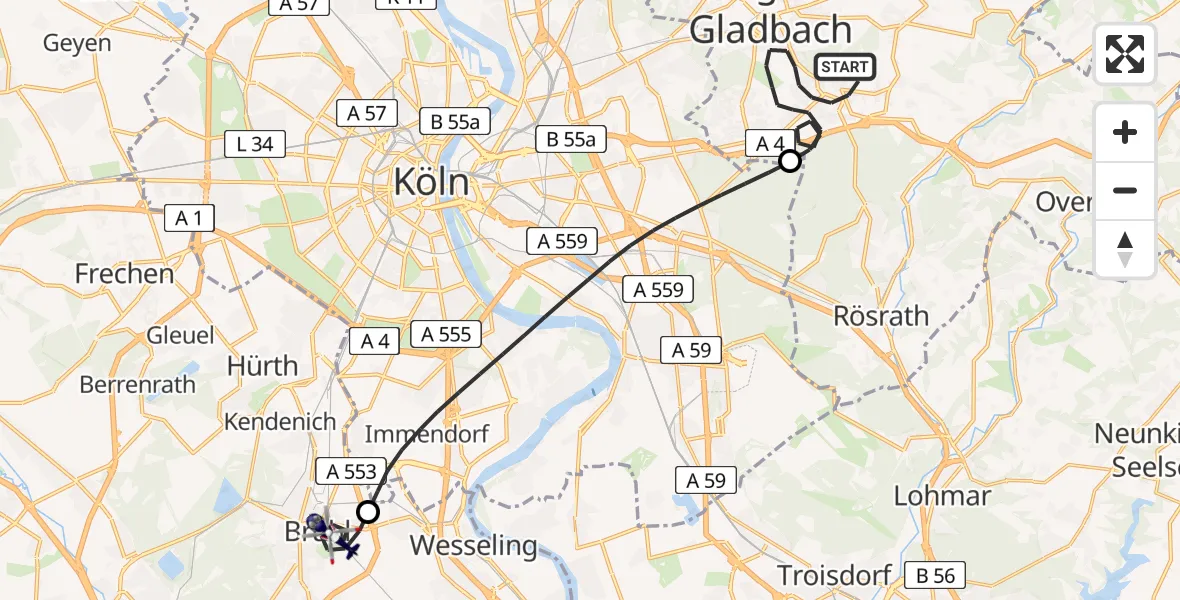 Flugroute Polizeihubschrauber Bergisch Gladbach - Brühl, 09 Juli 2026, 08:10