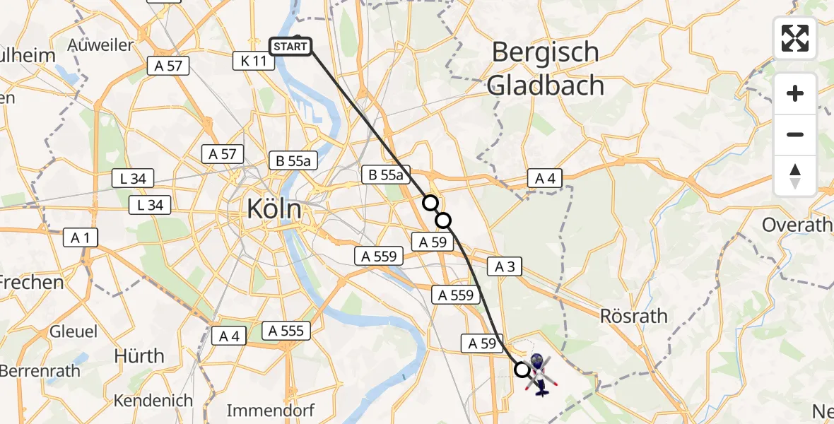 Flugroute Polizeihubschrauber Köln - Köln Bonn Flughafen, 09 Juli 2026, 08:13