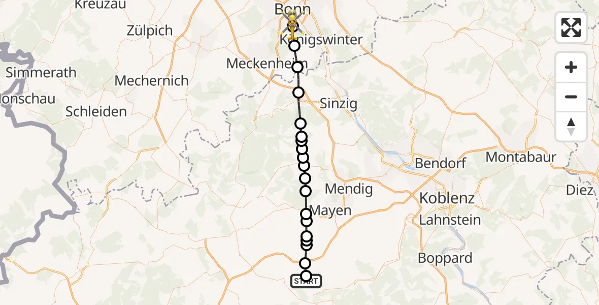 Flugroute Rettungshubschrauber Greimersburg - Bonn University Hospital, 09 Juli 2026, 08:17