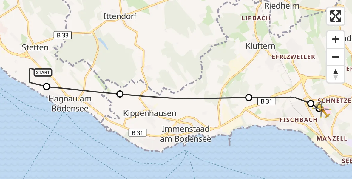 Flugroute Rettungshubschrauber Stetten - Friedrichshafen Hospital, 09 Juli 2026, 08:21