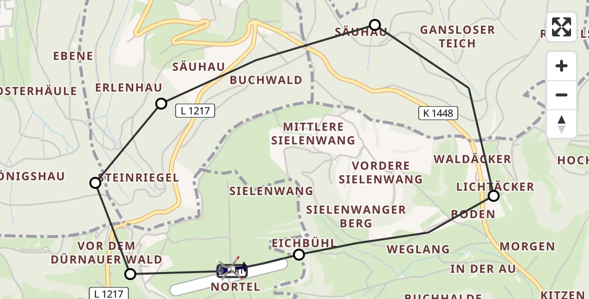 Flugroute Polizeihubschrauber Gruibingen-Nortel Flugplatz - Gruibingen-Nortel Flugplatz, 09 Juli 2026, 08:25