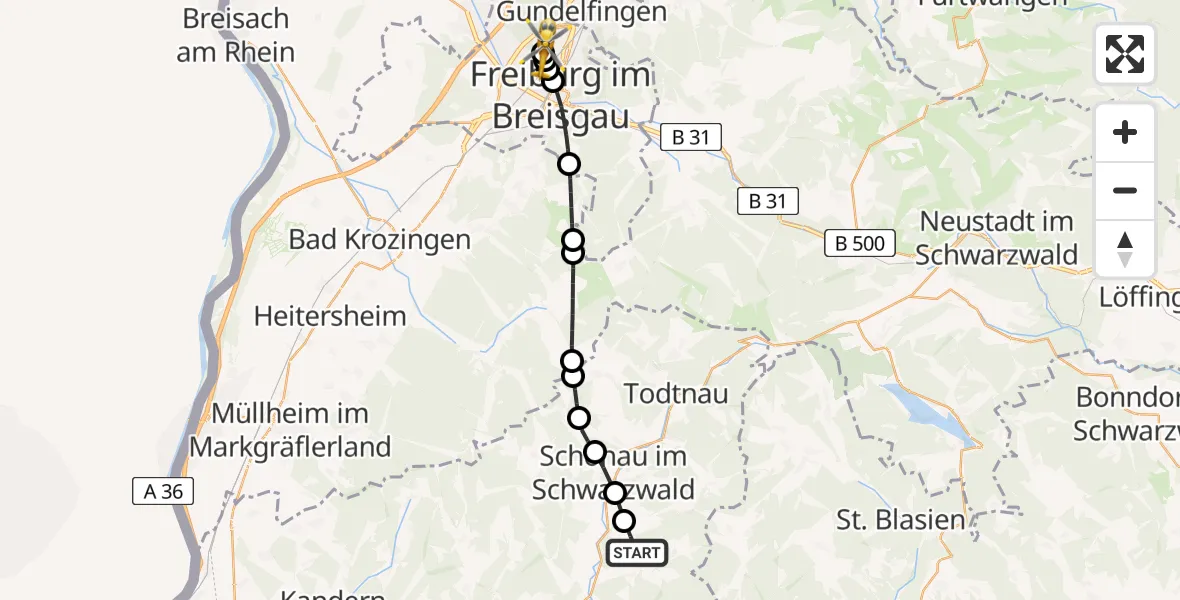 Flugroute Rettungshubschrauber Häg-Ehrsberg - Freiburg im Breisgau Flugplatz, 09 Juli 2026, 08:25