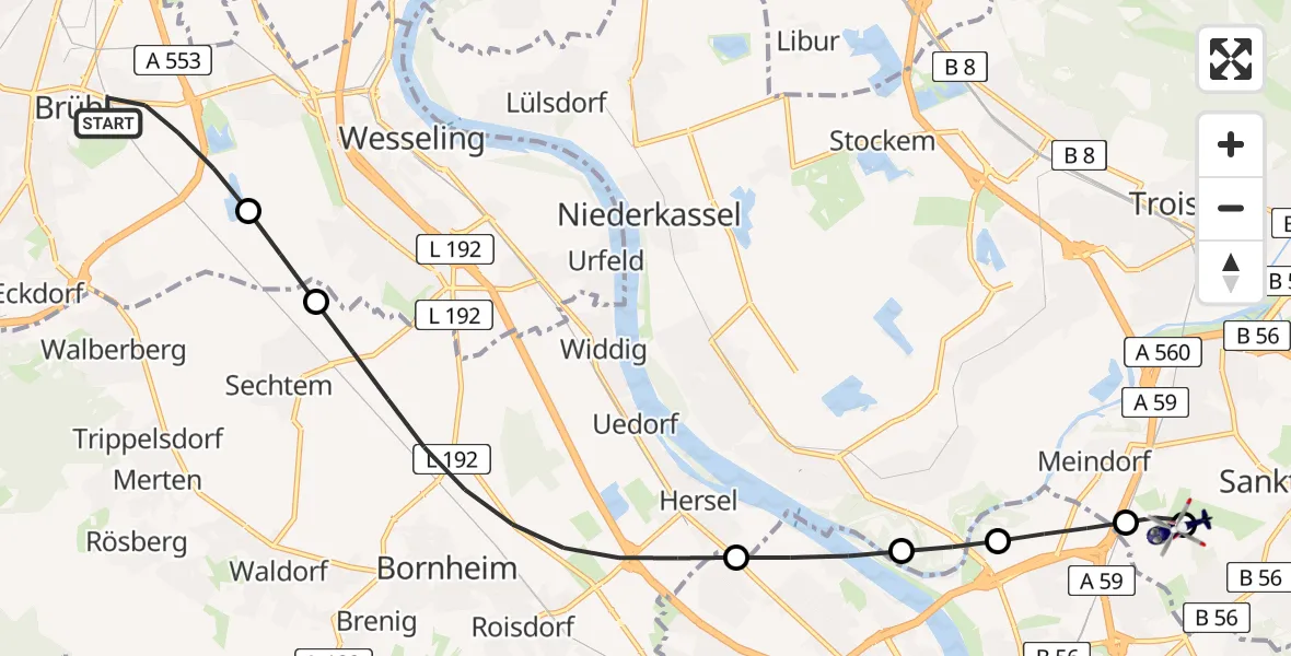Flugroute Polizeihubschrauber Brühl - Sankt Augustin, 09 Juli 2026, 08:27
