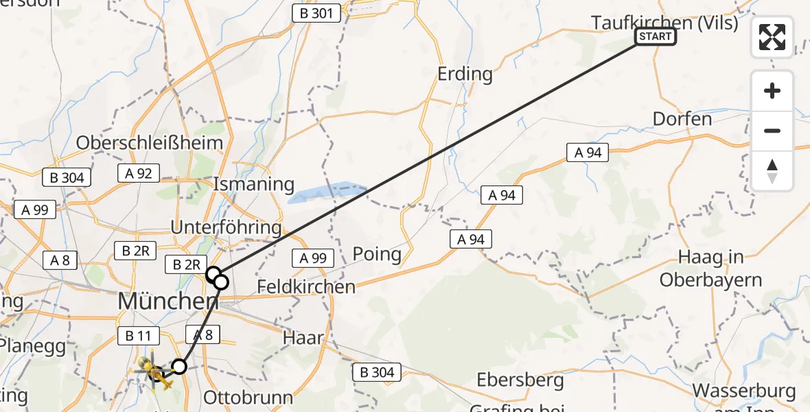Flugroute Rettungshubschrauber Taufkirchen (Vils) - ADAC Air Rescue Center Hubschrauberlandeplatz (Christoph 1), 09 Juli 2026, 08:28