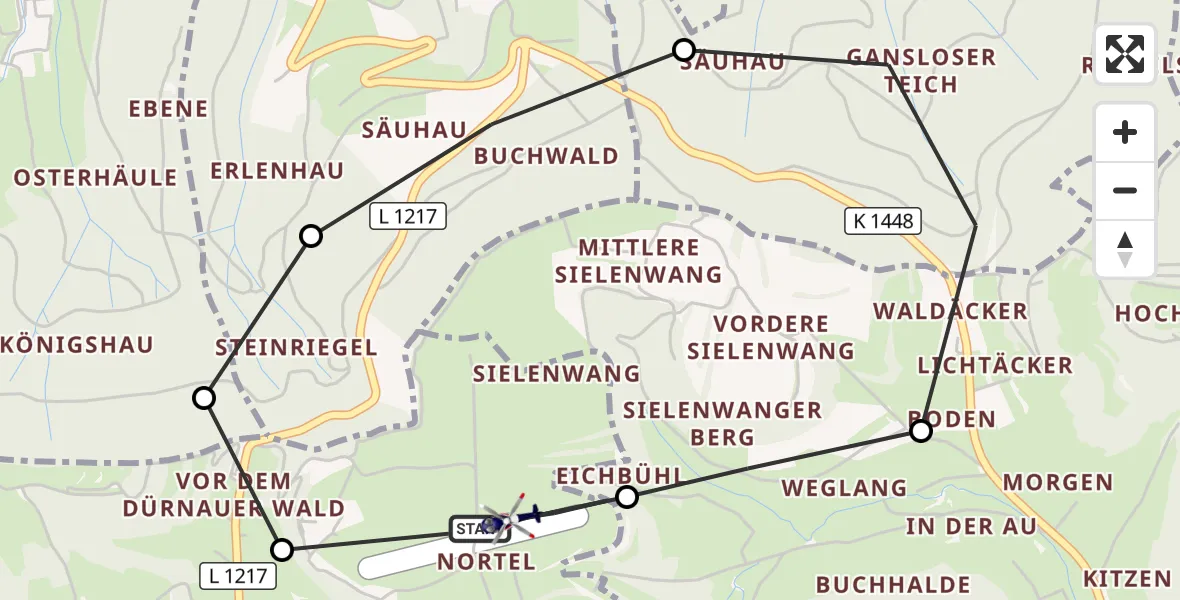 Flugroute Polizeihubschrauber Gruibingen-Nortel Flugplatz - Gruibingen-Nortel Flugplatz, 09 Juli 2026, 08:30