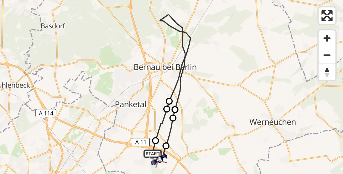 Flugroute Polizeihubschrauber Panketal - Ahrensfelde Hubschrauberlandeplatz, 09 Juli 2026, 08:30