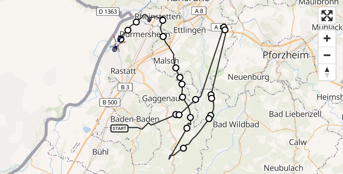 Flugroute Polizeihubschrauber Baden-Baden - Steinmauern, 09 Juli 2026, 08:32