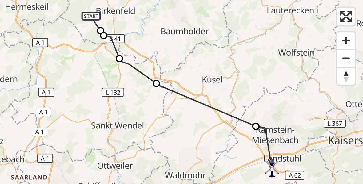 Flugroute Polizeihubschrauber Brücken - Landstuhl, 09 Juli 2026, 08:39