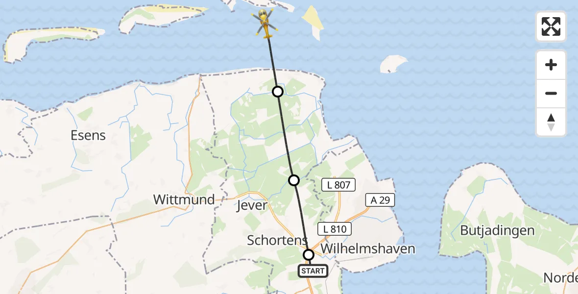 Flugroute Rettungshubschrauber Sande - Noordzee, 09 Juli 2026, 08:40