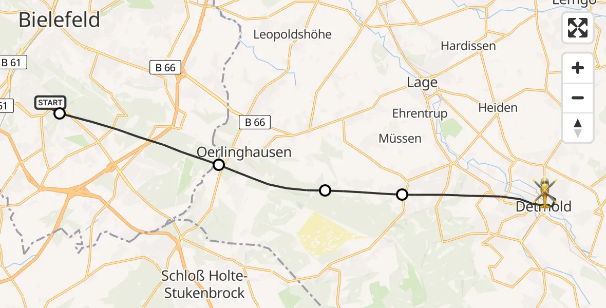 Flugroute Rettungshubschrauber Luftrettungszentrum Bielefeld - Detmold, 09 Juli 2026, 08:41