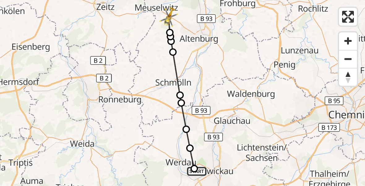 Flugroute Rettungshubschrauber ADAC Air Rescue Station Zwickau Hubschrauberlandeplatz - Kriebitzsch, 09 Juli 2026, 08:46