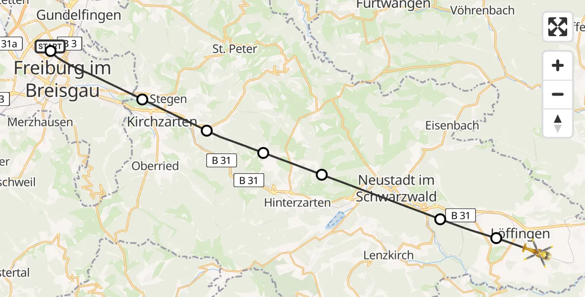 Flugroute Rettungshubschrauber Freiburg im Breisgau Flugplatz - Löffingen, 09 Juli 2026, 08:46