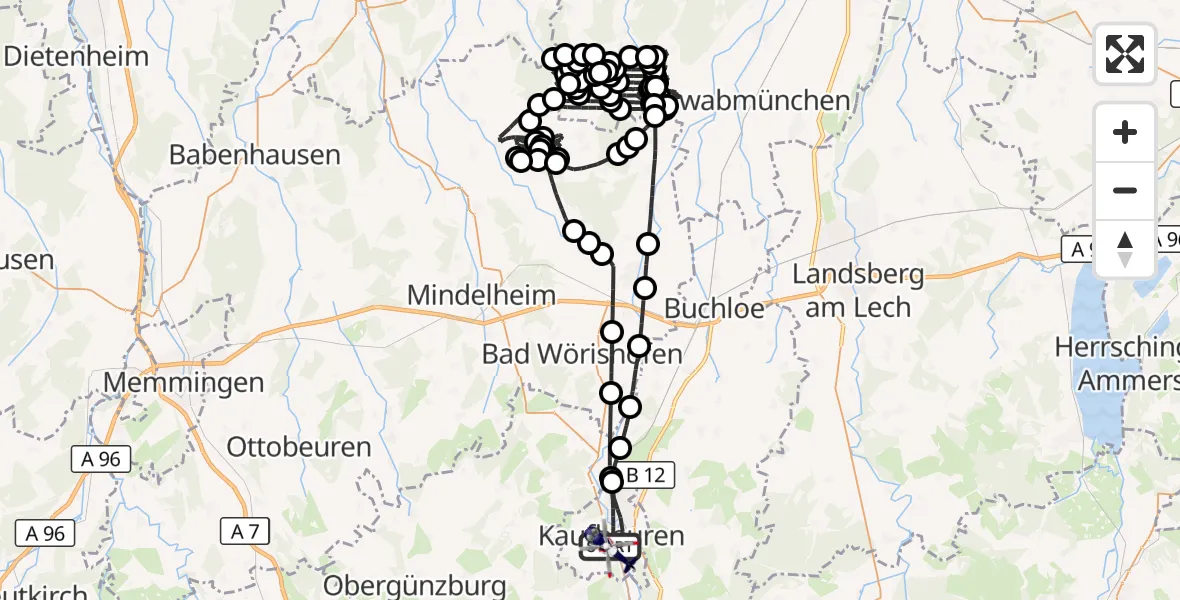Flugroute Polizeihubschrauber Kaufbeuren - Kaufbeuren, 09 Juli 2026, 08:48