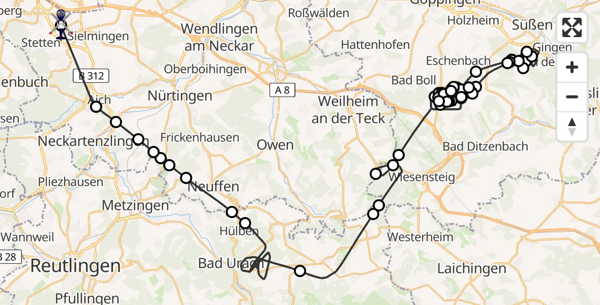 Flugroute Polizeihubschrauber Gruibingen-Nortel Flugplatz - Flughafen Stuttgart, 09 Juli 2026, 08:51