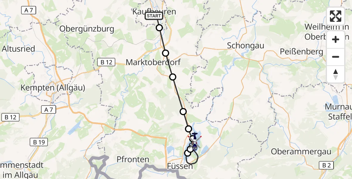 Flugroute Polizeihubschrauber Kaufbeuren - Schwangau, 09 Juli 2026, 08:52